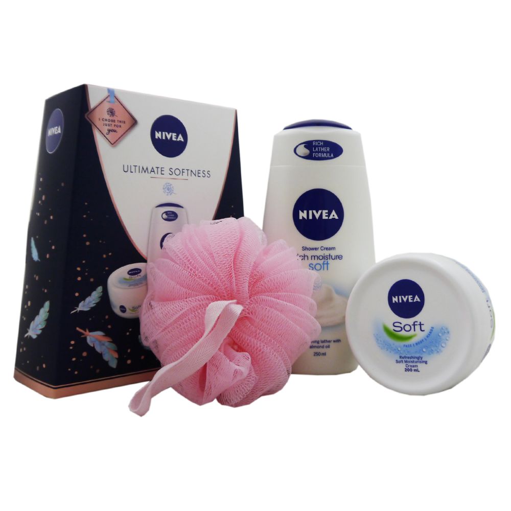 Nivea Ultimate Softness Set 250ml SG & 200ml Creme & Shower Puff bei Riemax