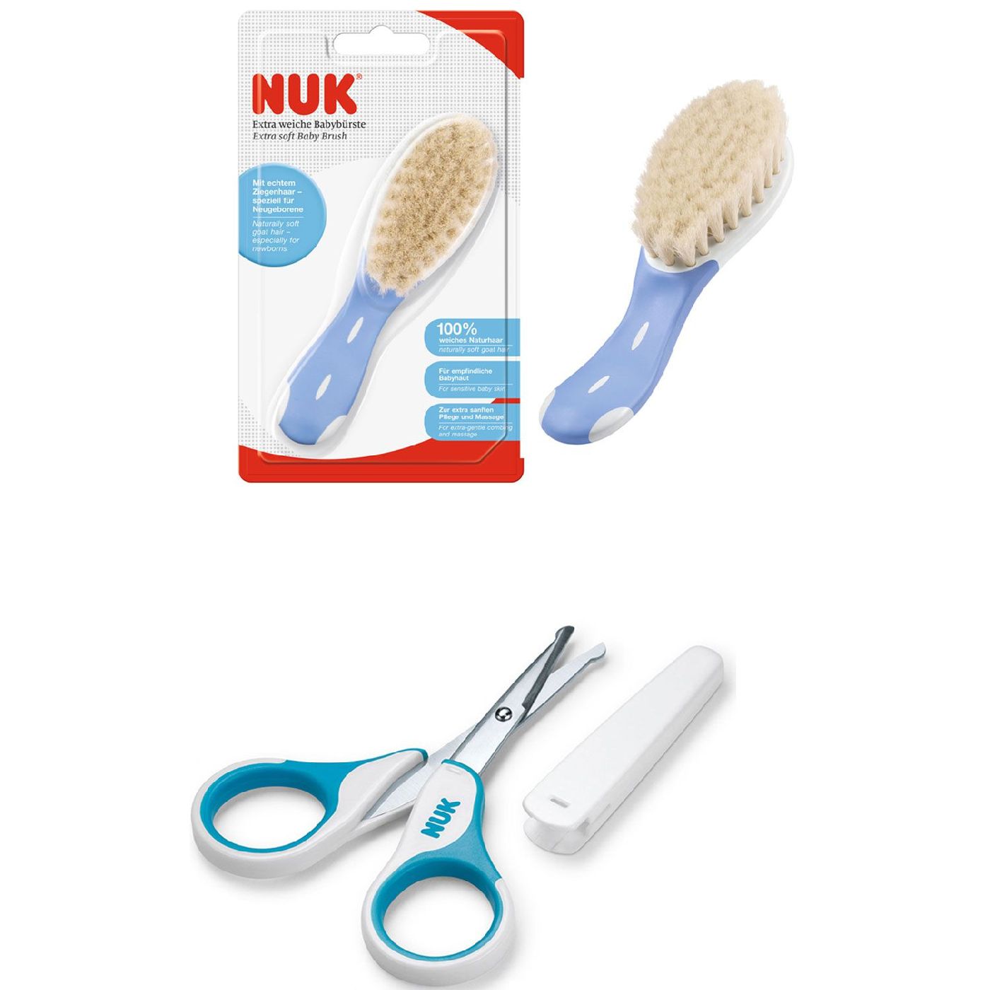SET NUK Baby Nagelschere mit Schutzkappe blau & Babybürste extra weich ...